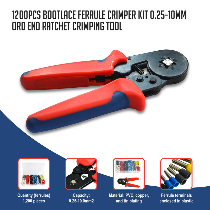 1200Pcs Bootlace Ferrule Crimper kit 0.25-10mm2 Cord End Ratchet Crimping Tool - Payday Deals