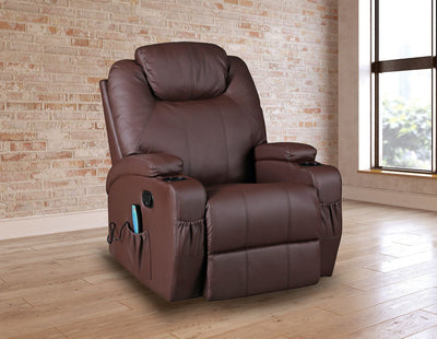 Brown Massage Sofa Chair Recliner 360 Degree Swivel PU Leather Lounge 8 Point Heated - Payday Deals