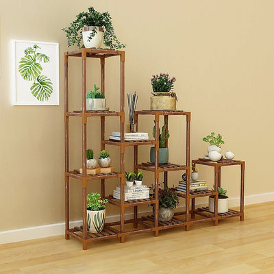 Indoor Outdoor Garden Plant Stand Planter Flower Pot Shelf Wooden Shelving - 12 Shelves