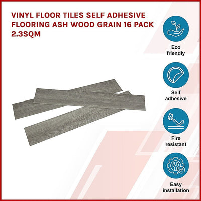 Vinyl Floor Tiles Self Adhesive Flooring Ash Wood Grain 16 Pack 2.3SQM