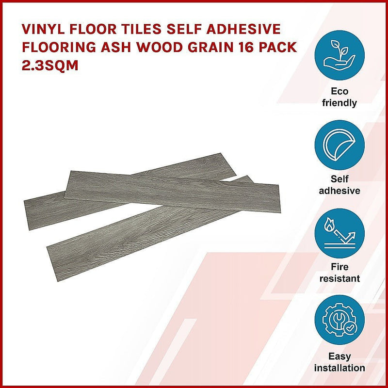 Vinyl Floor Tiles Self Adhesive Flooring Ash Wood Grain 16 Pack 2.3SQM