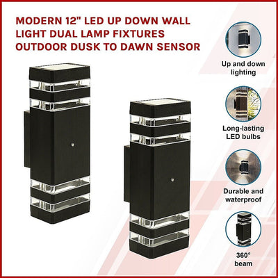 Modern 12" LED Up Down Wall Light dual Lamp Fixtures Outdoor Dusk to Dawn Sensor