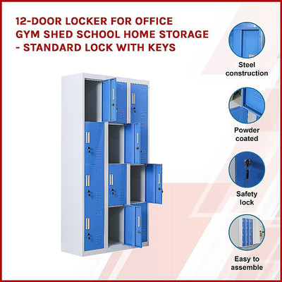 12-Door Locker for Office Gym Shed School Home Storage - Standard Lock with Keys