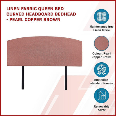 Linen Fabric Queen Bed Curved Headboard Bedhead - Pearl Copper Brown