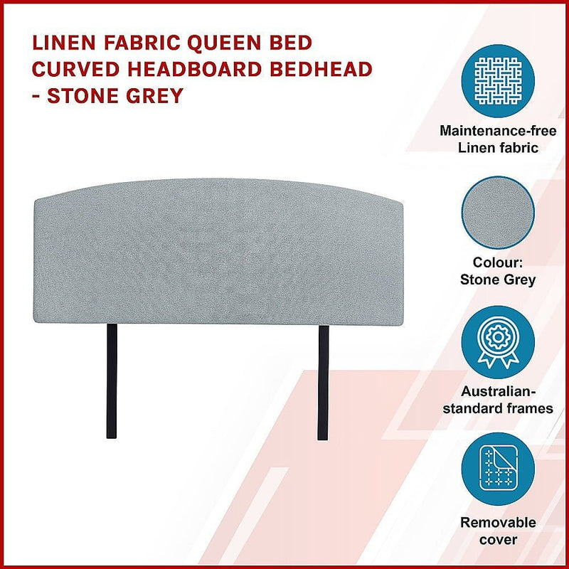 Linen Fabric Queen Bed Curved Headboard Bedhead - Stone Grey