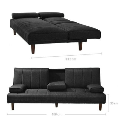 Fabric Sofa Bed with Cup Holder 3 Seater Lounge Couch - Charcoal - Payday Deals