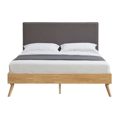 Natural Oak Ensemble Bed Frame Wooden Slat Fabric Headboard Queen - Payday Deals