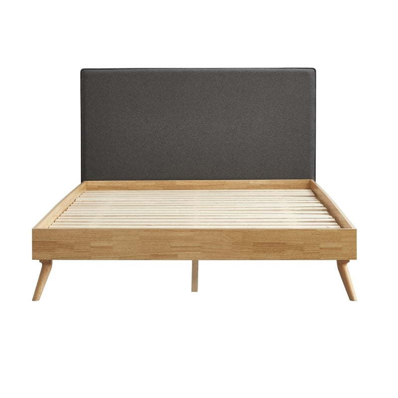 Natural Oak Ensemble Bed Frame Wooden Slat Fabric Headboard Queen - Payday Deals