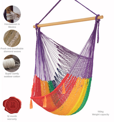 Mayan Legacy Extra Large Outdoor Cotton Mexican Hammock Chair in Rainbow Colour
