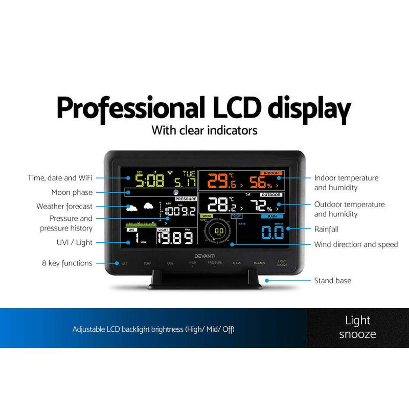 Devanti Wireless WiFi Professional Weather Station Solar Sensor LCD UV Light - Payday Deals