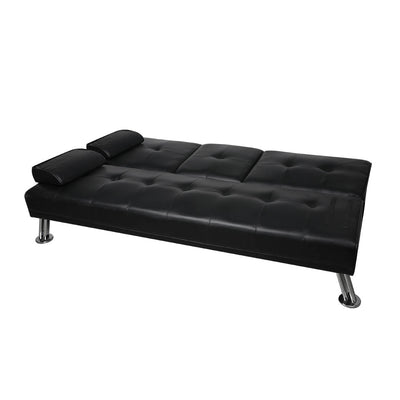 Adjustable Sofa Bed Lounge Futon Couch Leather Beds 3 Seater Cup Holder Recliner Black Payday Deals