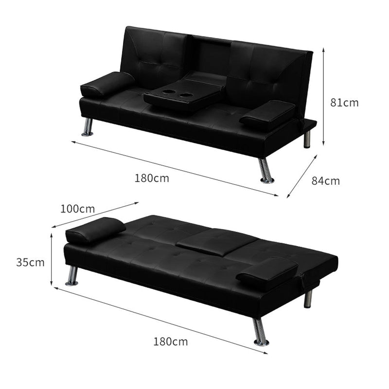 Adjustable Sofa Bed Lounge Futon Couch Leather Beds 3 Seater Cup Holder Recliner Black Payday Deals
