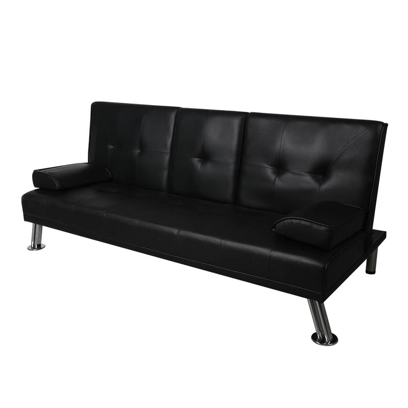 Adjustable Sofa Bed Lounge Futon Couch Leather Beds 3 Seater Cup Holder Recliner Black Payday Deals