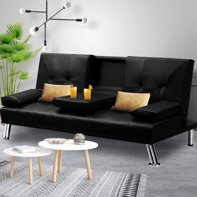 Adjustable Sofa Bed Lounge Futon Couch Leather Beds 3 Seater Cup Holder Recliner Black Payday Deals