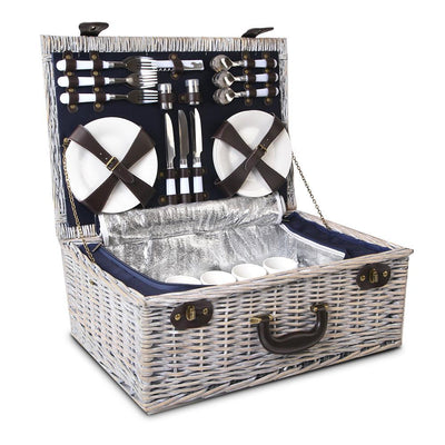 Alfresco 6 Person Wicker Picnic Basket and Cooler Bag- Navy and White