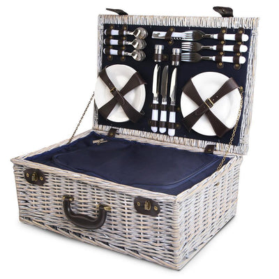 Alfresco 6 Person Wicker Picnic Basket and Cooler Bag- Navy and White