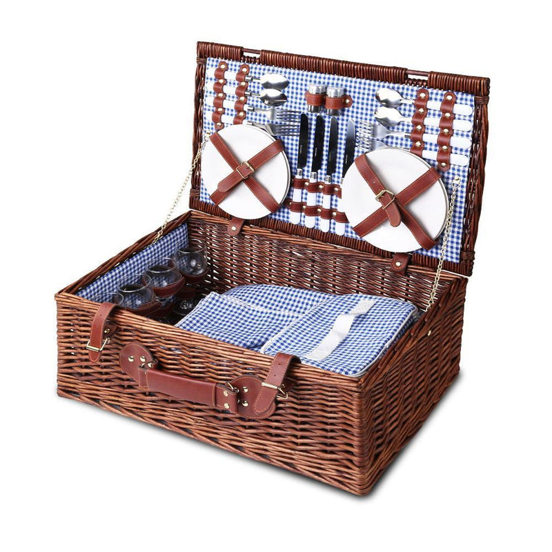 Alfresco Willow 4 Person Picnic Basket - Blue and White
