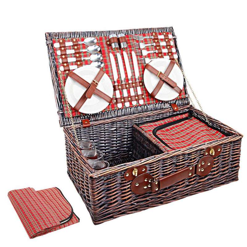 Alfresco Willow 4 Person Picnic Basket - Red and Green