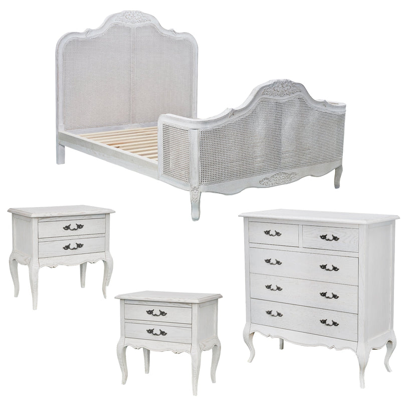 Alice 4pc Queen Bed Suite Bedside Tallboy Bedroom Rattan Furniture Package White Payday Deals