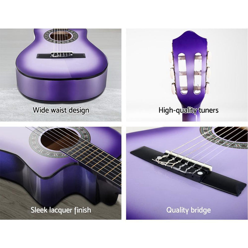 Alpha 34" Inch Guitar Classical Acoustic Cutaway Wooden Ideal Kids Gift Children 1/2 Size Purple with Capo Tuner Payday Deals