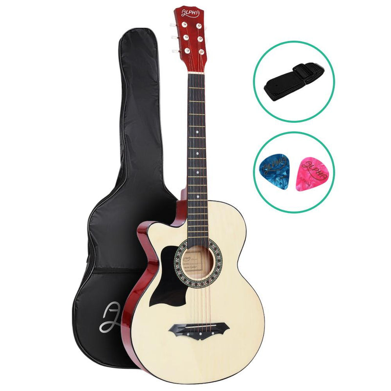 ALPHA 38 Inch Wooden Acoustic Guitar Left handed - Natural Wood Payday Deals