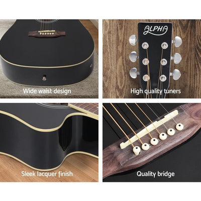 ALPHA 41 Inch Wooden Acoustic Guitar Set Full Size Black