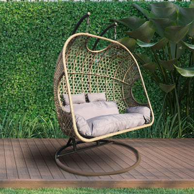 Arcadia Furniture 2 Seater Rocking Egg Chair Outdoor Wicker Rattan Patio Garden - Oatmeal and Grey Payday Deals