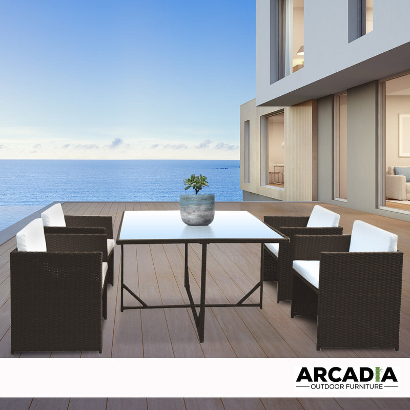 Arcadia Furniture 5 Piece Outdoor Dining Table Set Rattan Table Chairs Garden - Oatmeal and Grey Payday Deals