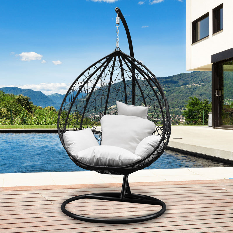 Arcadia Furniture Rocking Egg Chair Outdoor Wicker Rattan Patio Garden Tear Drop - Black and Cream Payday Deals
