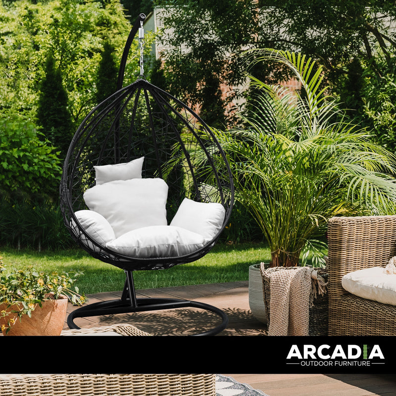 Arcadia Furniture Rocking Egg Chair Outdoor Wicker Rattan Patio Garden Tear Drop - Black and Cream Payday Deals