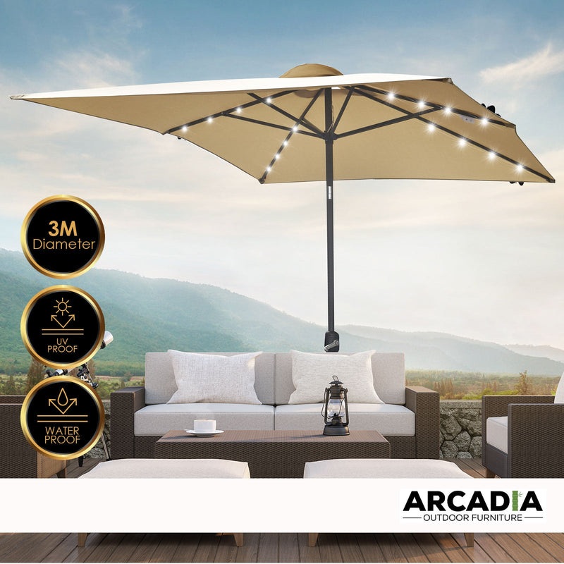 Arcadia Furniture Umbrella 3 Metre with Solar LED Lights Garden Yard Beige Payday Deals