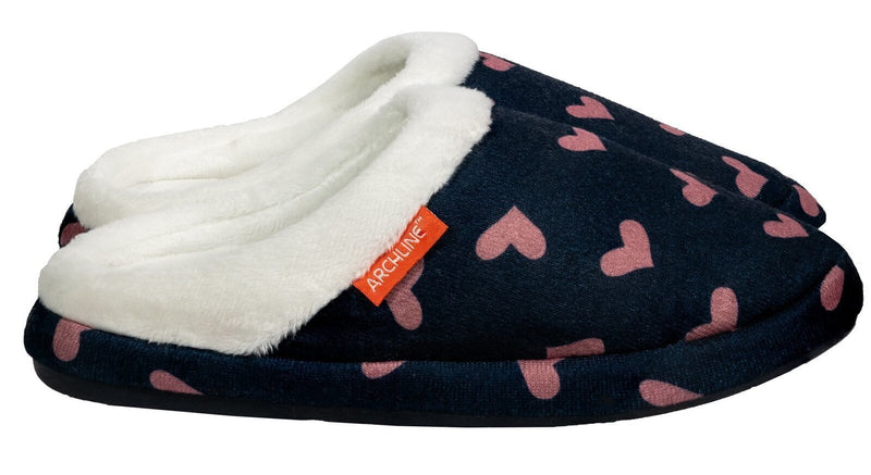 ARCHLINE Orthotic Slippers Slip On Scuffs Medical Pain Relief Moccasins - Navy with Hearts Payday Deals