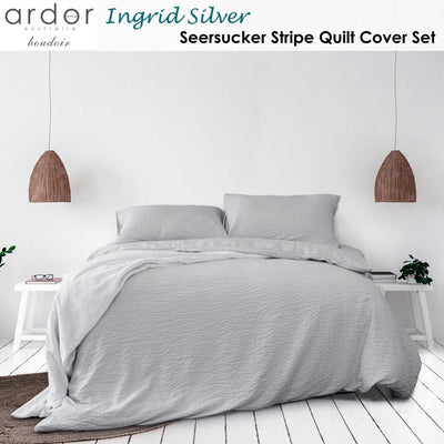 Ardor Ingrid Silver Seersucker Stripe Quilt Cover Set King Payday Deals