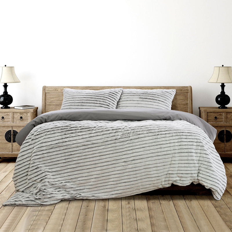 Ardor Striped Faux Fur Grey Super Soft Quilt Cover Set King Payday Deals