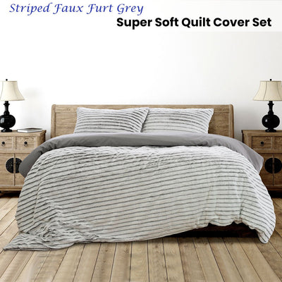 Ardor Striped Faux Fur Grey Super Soft Quilt Cover Set King Payday Deals