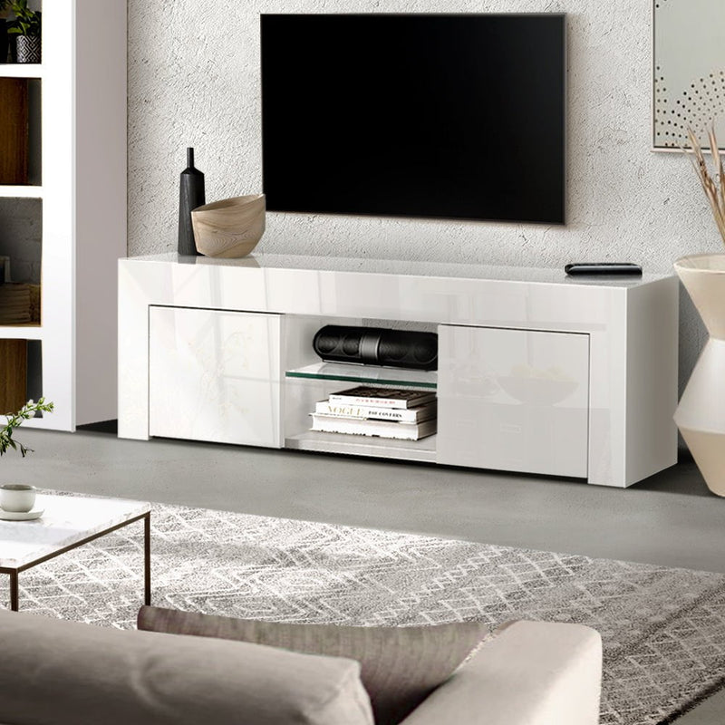 Artiss 130cm High Gloss TV Stand Entertainment Unit Storage Cabinet Tempered Glass Shelf White Payday Deals