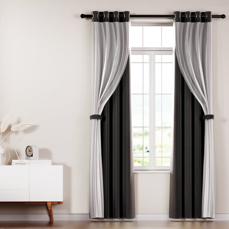 Artiss 2X 132x242cm Blockout Sheer Curtains Black Payday Deals