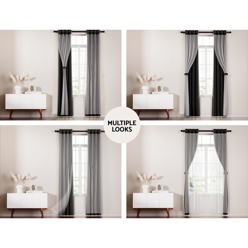 Artiss 2X 132x274cm Blockout Sheer Curtains Black Payday Deals