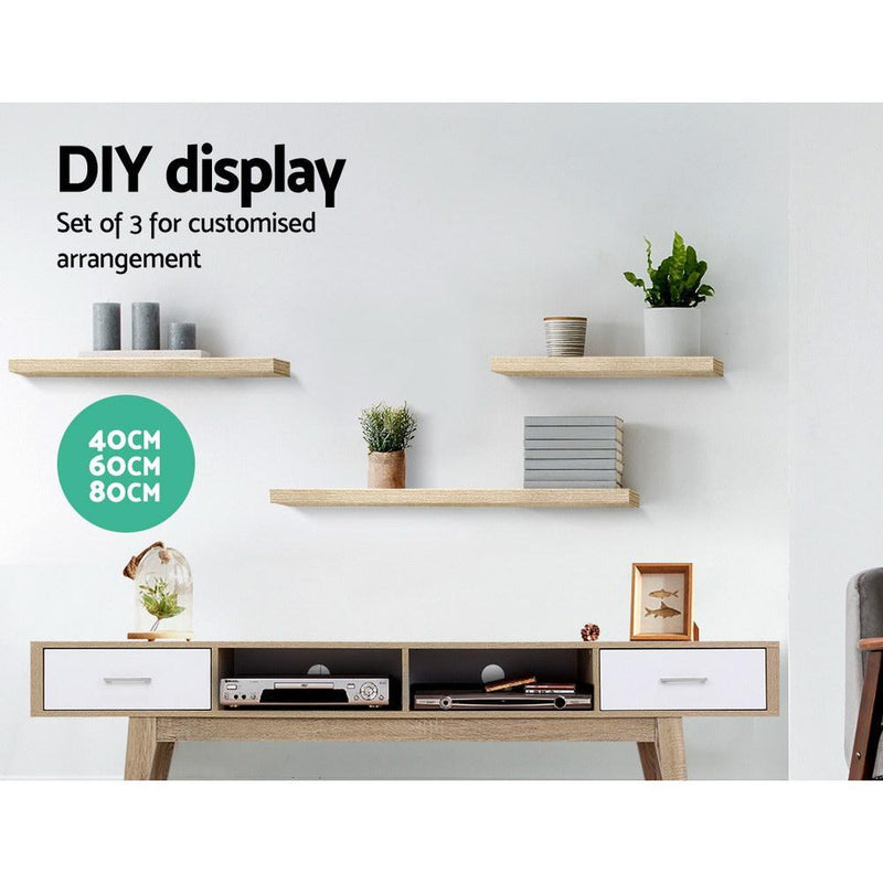 Artiss 3pcs Wall Floating Shelf Set DIY Mount Storage Book Display Rack Oak Payday Deals