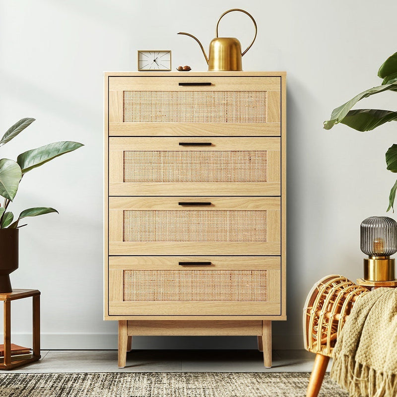 Artiss 4 Chest of Drawers Rattan Tallboy Cabinet Bedroom Clothes Storage Wood Payday Deals