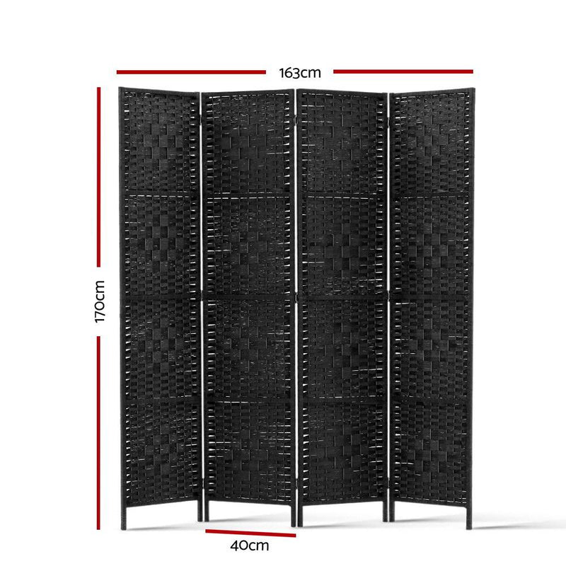 Artiss 4 Panel Room Divider Privacy Screen Rattan Woven Wood Stand Black Payday Deals