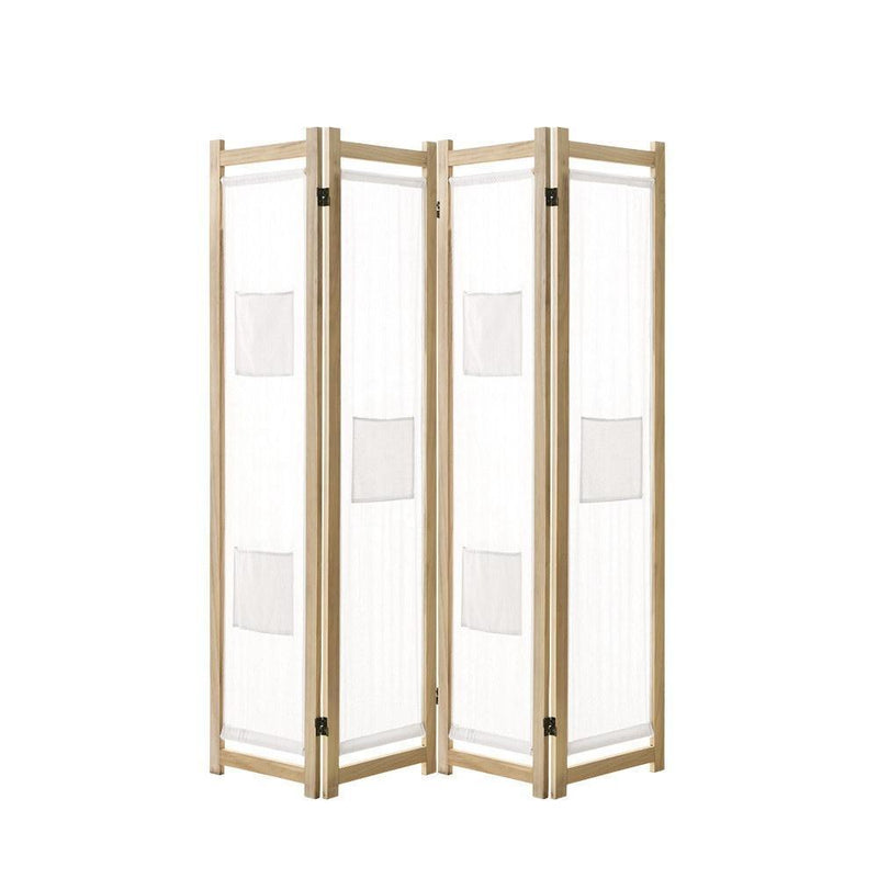 Artiss 4 Panel Room Divider Privacy Screen Wood Fabric Foldable Stand White Natural Payday Deals