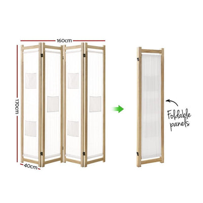 Artiss 4 Panel Room Divider Privacy Screen Wood Fabric Foldable Stand White Natural