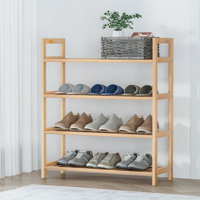 Artiss 4-tier Shoe Rack 12 Pairs Shoe Storage Weaved Shelves Solid Wood Frame Payday Deals