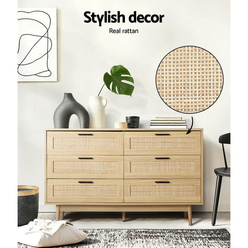 Artiss 6 Chest of Drawers Rattan Tallboy Cabinet Bedroom Clothes Storage Wood Payday Deals