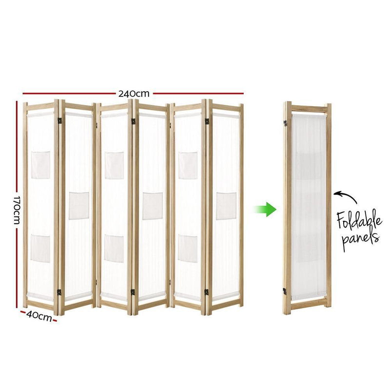 Artiss 6 Panel Room Divider Privacy Screen Wood Fabric Foldable Stand White Natural Payday Deals