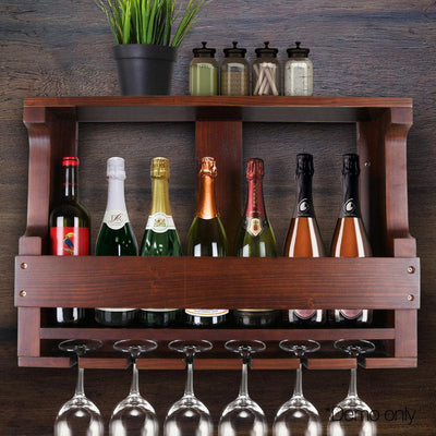 Artiss 7 Bottle Wall Mounted Wine & Glass Rack - Brown
