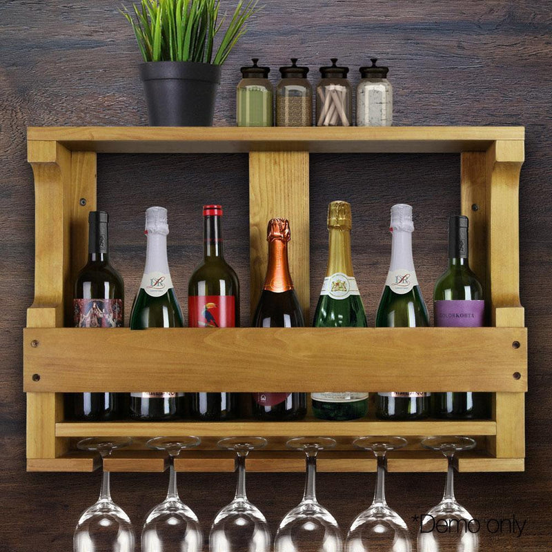 Artiss Wall Wine Rack Wooden Wine Glass Racks Timber Bottle Holder Mount Hanging Payday Deals