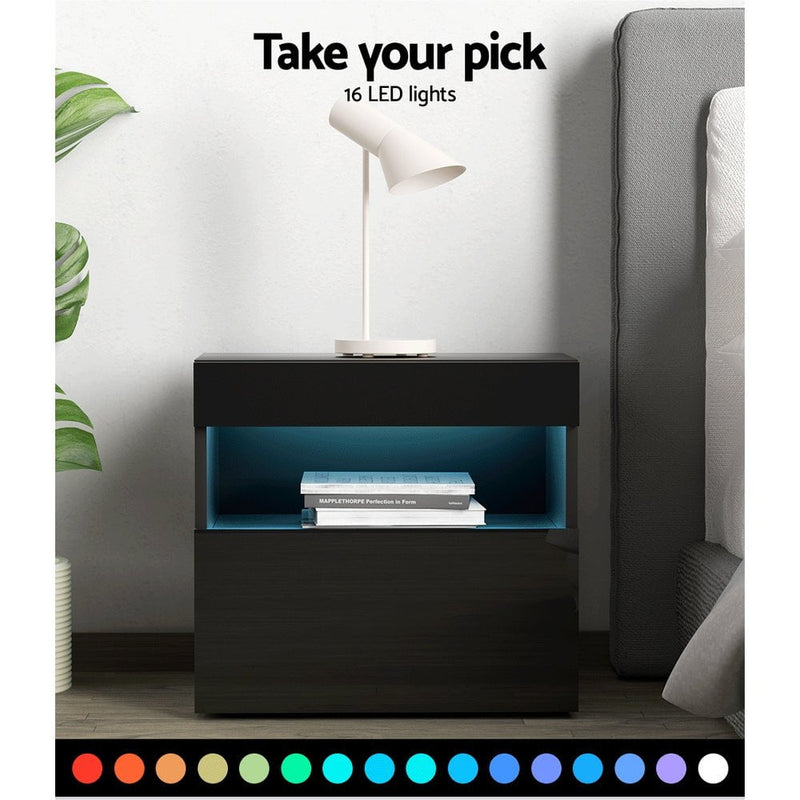 Artiss Bedside Tables Drawers Side Table RGB LED High Gloss Nightstand Black Payday Deals