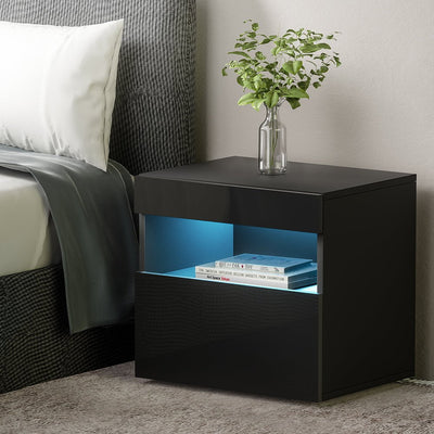 Artiss Bedside Tables Drawers Side Table RGB LED High Gloss Nightstand Black Payday Deals